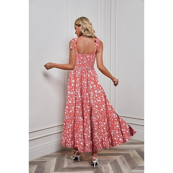 Women's Summer Boho Spaghetti Strap Square Neck Ruffle red  Floral Long Dress - Picture 4 of 6